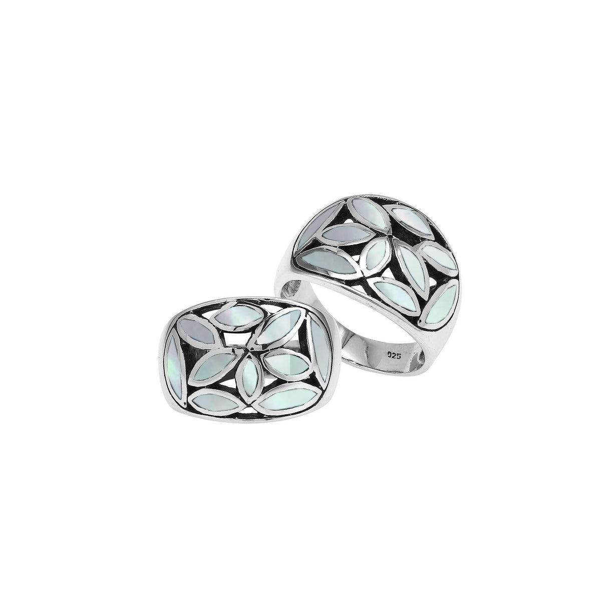 Handcrafted Sterling Silver wide band ring with Luminous Mother of Pearl Inlay, elegant artisan jewelry with mosaic design.