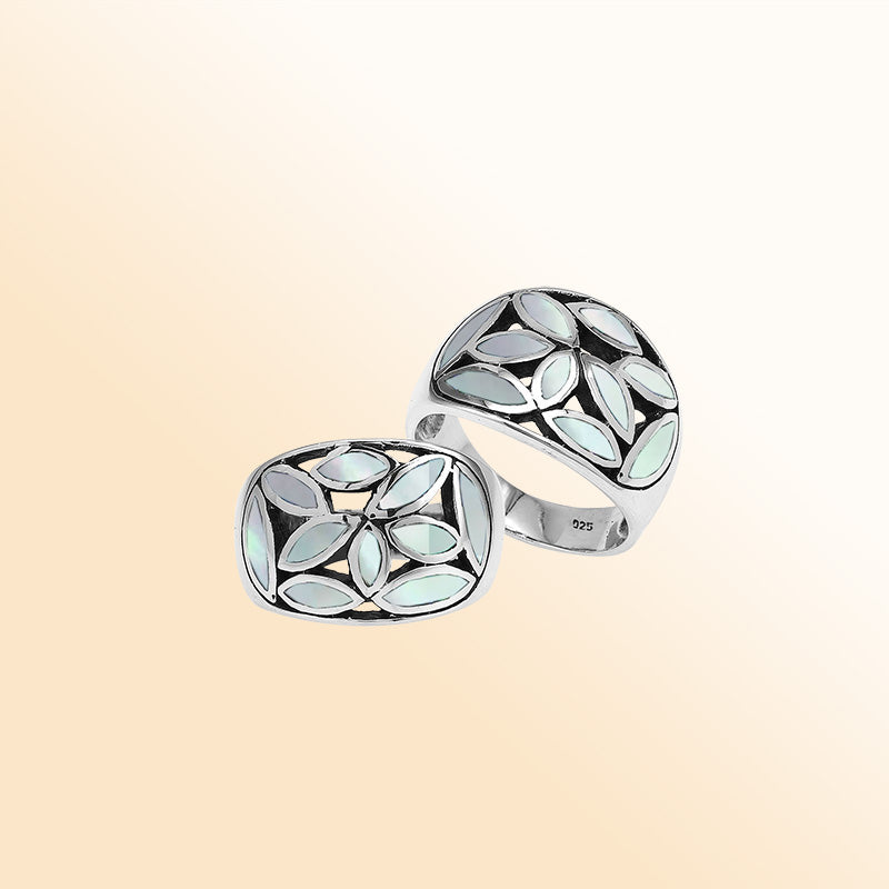 Handcrafted Sterling Silver wide band ring with Luminous Mother of Pearl Inlay, elegant artisan jewelry with mosaic design.