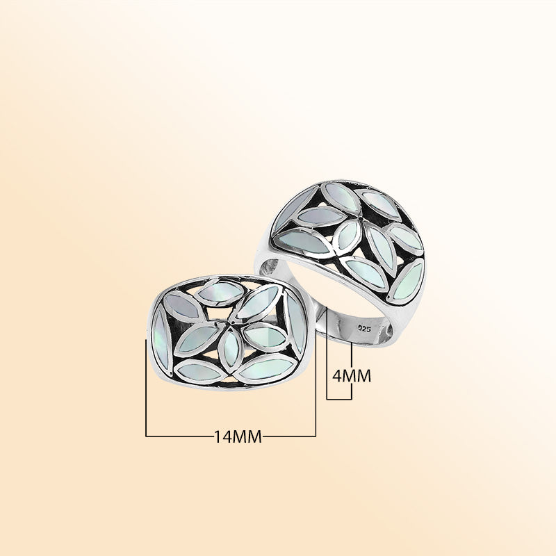 Handcrafted Sterling Silver wide band ring with Luminous Mother of Pearl Inlay, elegant artisan jewelry with mosaic design.
