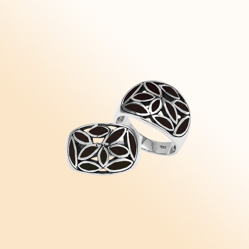 Handcrafted sterling silver wide band ring with polished Black Shell Inlay, bold artisan mosaic jewelry.