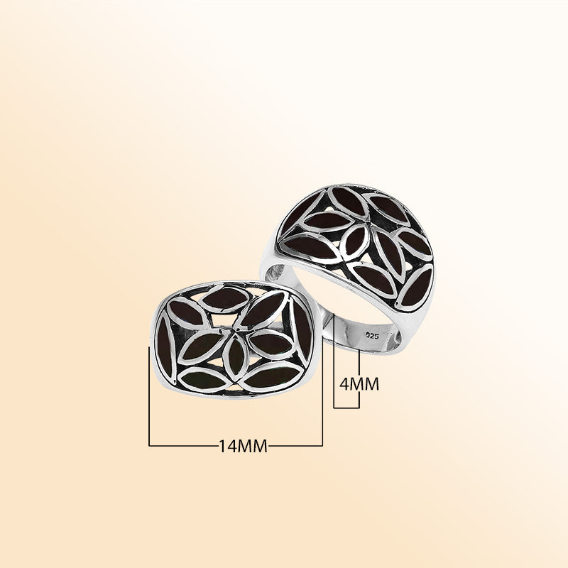 Handcrafted sterling silver wide band ring with polished Black Shell Inlay, bold artisan mosaic jewelry.