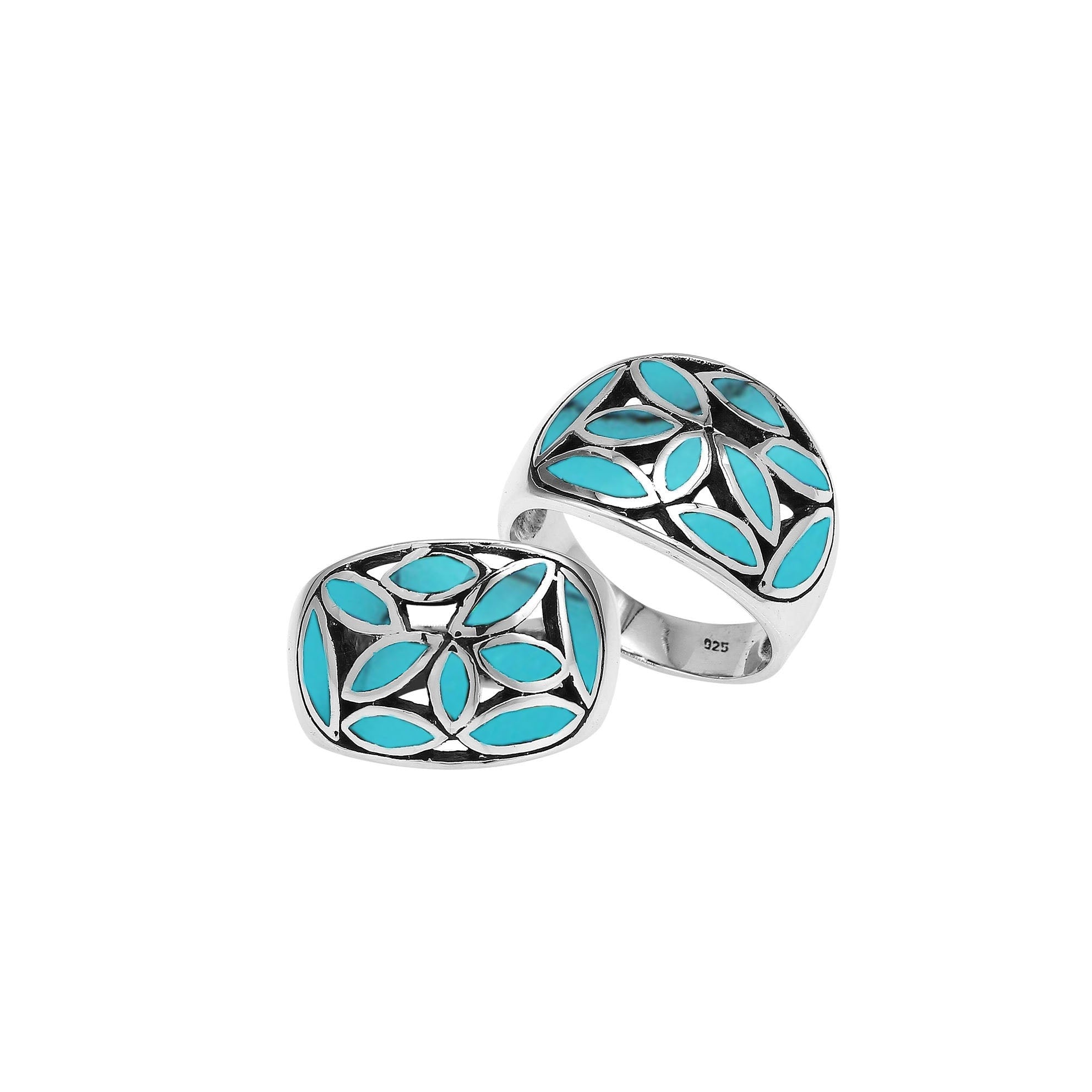 Handcrafted sterling silver wide band ring with vibrant Turquoise Shell inlay, bold artisan jewelry with mosaic leaf design.