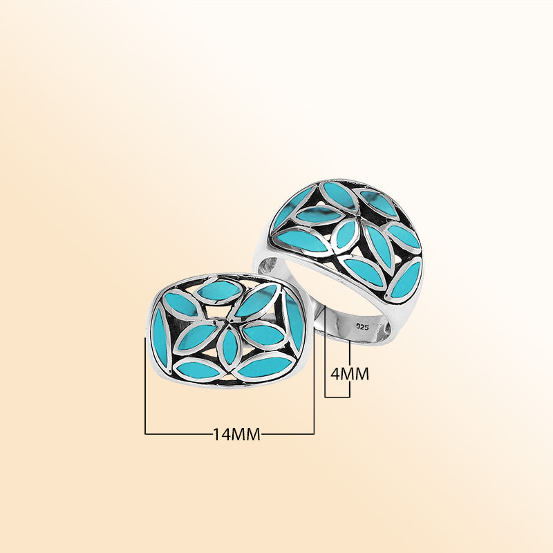 Handcrafted sterling silver wide band ring with vibrant Turquoise Shell inlay, bold artisan jewelry with mosaic leaf design.