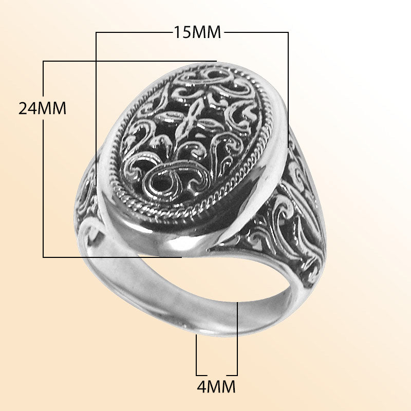 Elegant sterling silver oval ring with intricate Balinese design, handcrafted 925 silver statement ring, artisan jewelry for men and women.