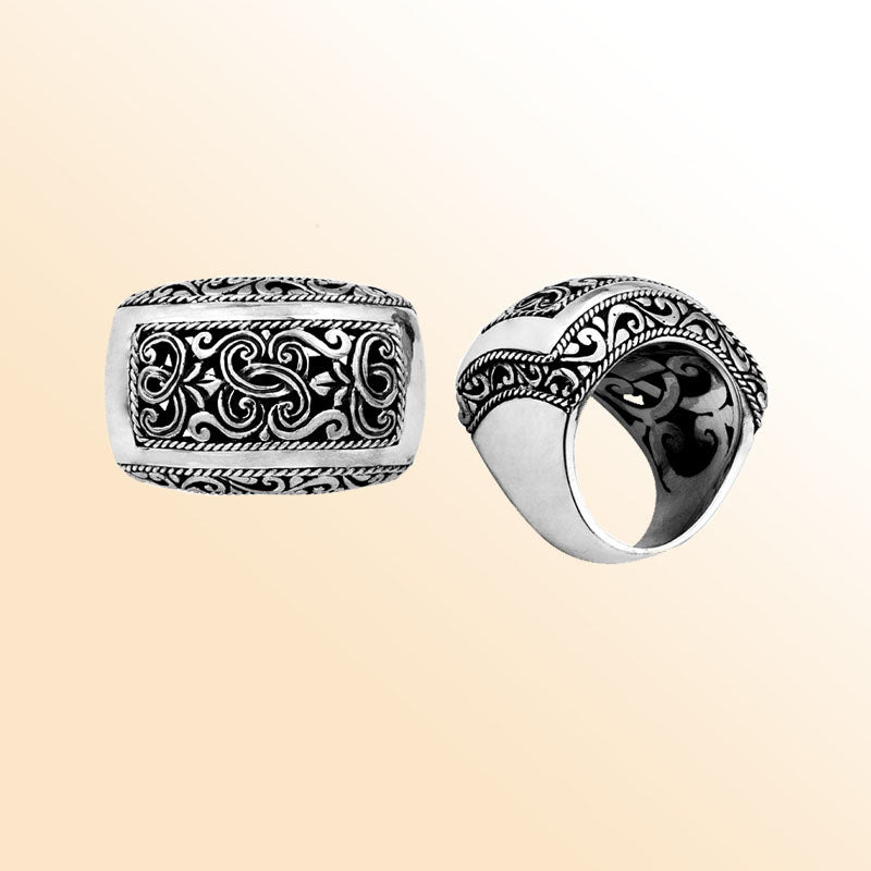 Sterling silver rectangular wide band ring with detailed Bali carvings, bold artisan statement jewelry for everyday wear or gifting.