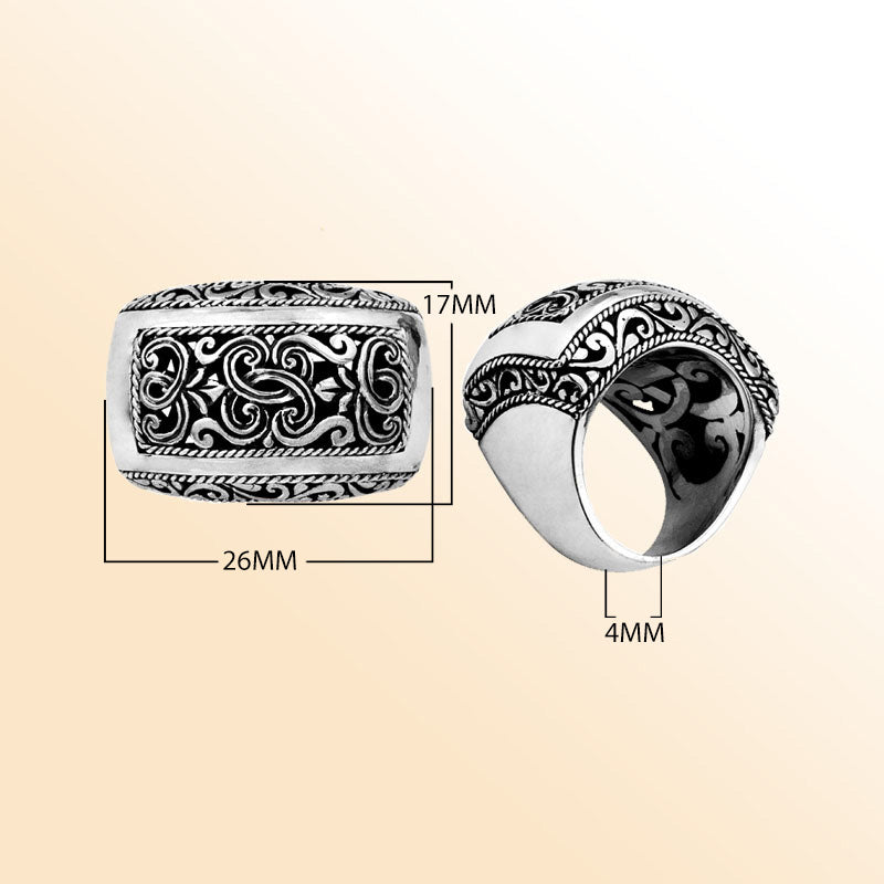 Sterling silver rectangular wide band ring with detailed Bali carvings, bold artisan statement jewelry for everyday wear or gifting.