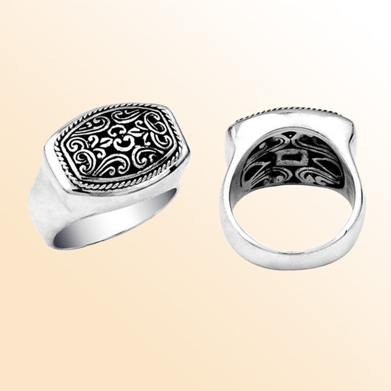 Men’s sterling silver rectangular ring with Bali carving and oxidized details, handcrafted 925 silver statement jewelry.