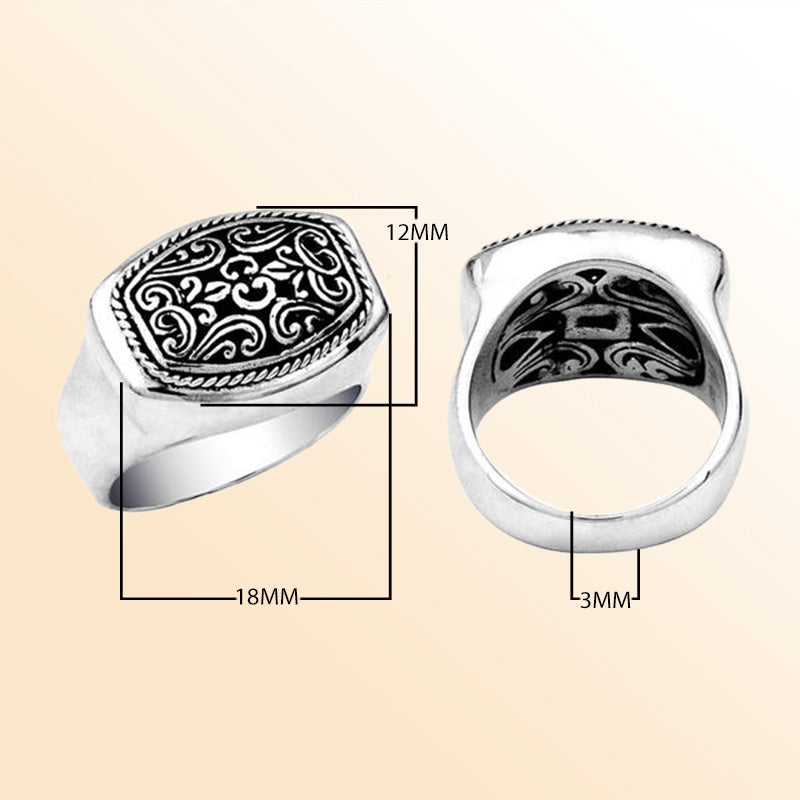 Men’s sterling silver rectangular ring with Bali carving and oxidized details, handcrafted 925 silver statement jewelry.