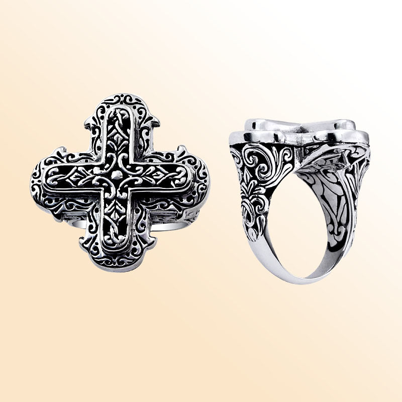 Sterling silver rectangular wide band ring with detailed Bali carvings, bold artisan statement jewelry for everyday wear or gifting.