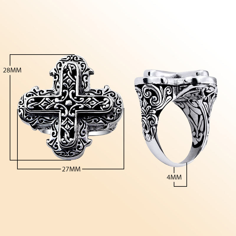 Sterling silver rectangular wide band ring with detailed Bali carvings, bold artisan statement jewelry for everyday wear or gifting.