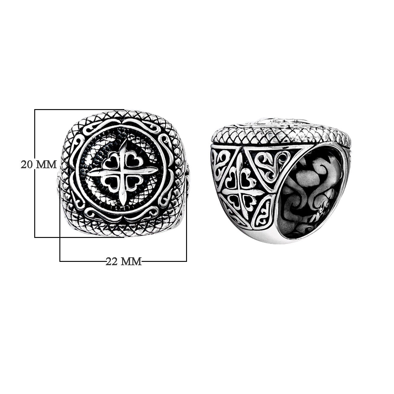 Handcrafted sterling silver Gothic cross ring with Balinese scroll detailing and oxidized finish, bold men’s statement jewelry.