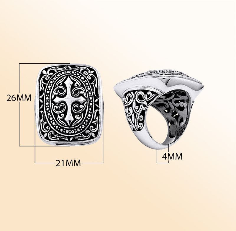 Handmade sterling silver men’s signet ring with Ornate cross and Oxidized finish, Bali jewelry