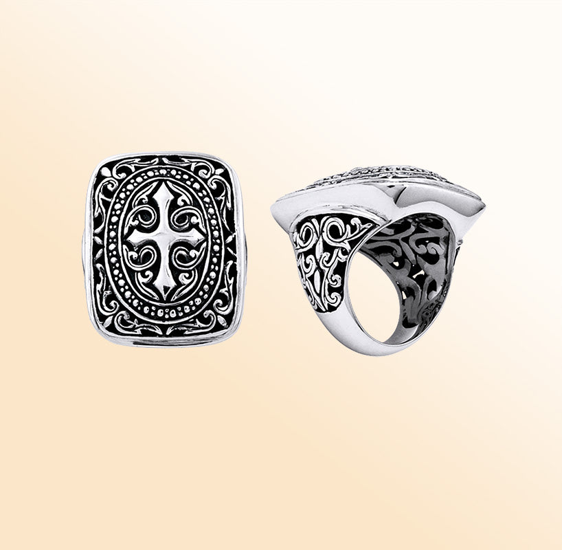 Handmade sterling silver men’s signet ring with Ornate cross and Oxidized finish, Bali jewelry