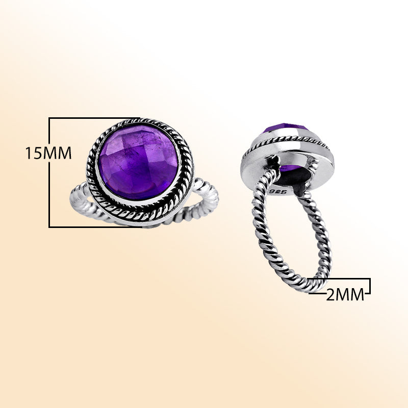 Handmade sterling silver Amethyst Quartz ring with rope bezel and twisted band, Bali artisan jewelry