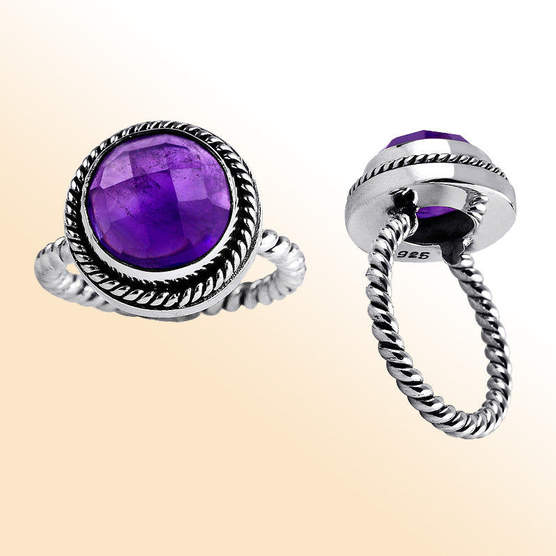 Handmade sterling silver Amethyst Quartz ring with rope bezel and twisted band, Bali artisan jewelry