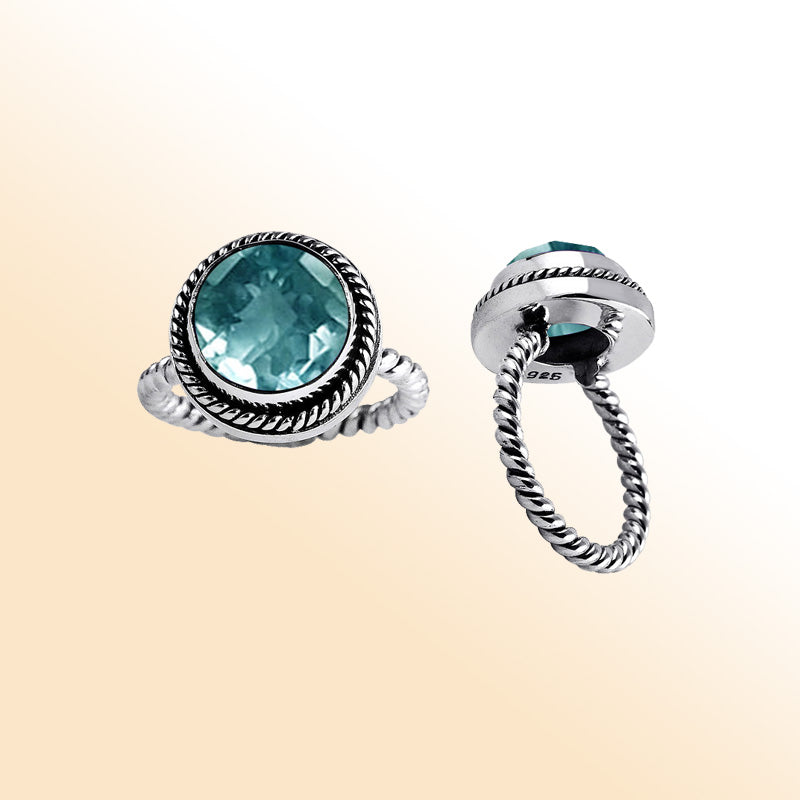 Handmade sterling silver Blue Topaz Quartz ring with rope bezel and twisted band, Bali artisan jewelry