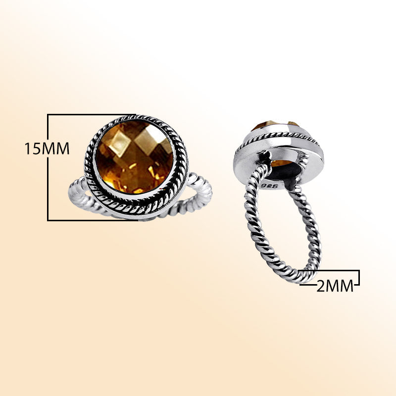 Handmade sterling silver Citrine Quartz ring with rope bezel and twisted band, Bali artisan jewelry