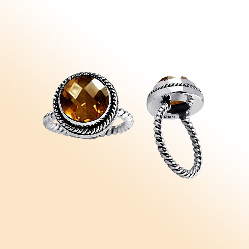 Handmade sterling silver Citrine Quartz ring with rope bezel and twisted band, Bali artisan jewelry