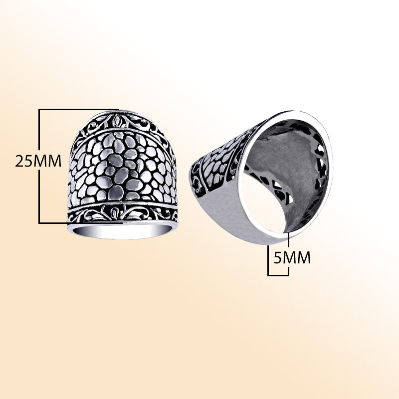 Handmade sterling Silver Textured Dome ring with scroll accents, unisex Bali artisan jewelry