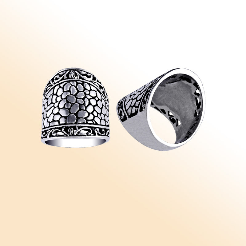 Handmade sterling Silver Textured Dome ring with scroll accents, unisex Bali artisan jewelry