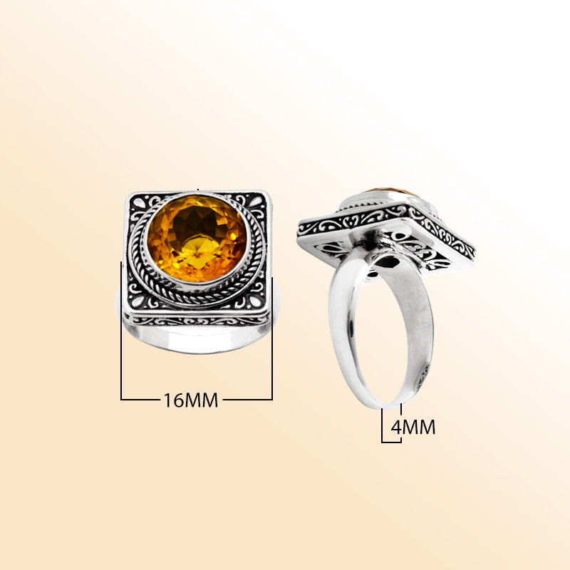 Handcrafted sterling silver citrine quartz ring with ornate square frame and Balinese scroll detailing