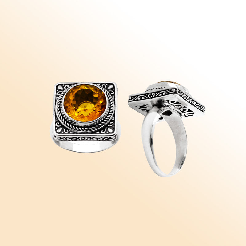 Handcrafted sterling silver citrine quartz ring with ornate square frame and Balinese scroll detailing
