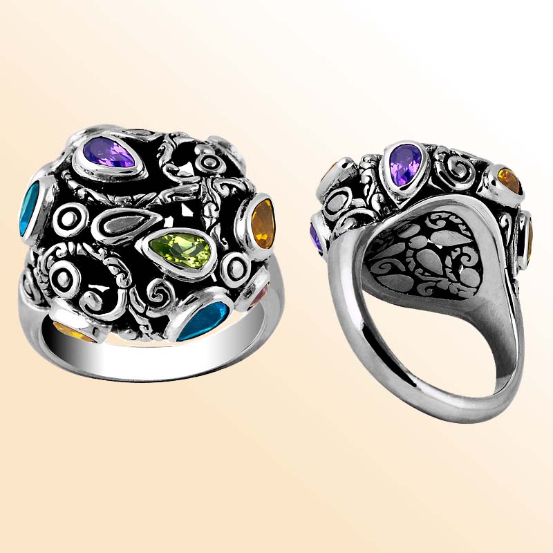 Sterling Silver beautiful ring with Peridot, Citrine, Blue Topaz, and Amethyst handcrafted in Bali, Indonesia with artistic dome design