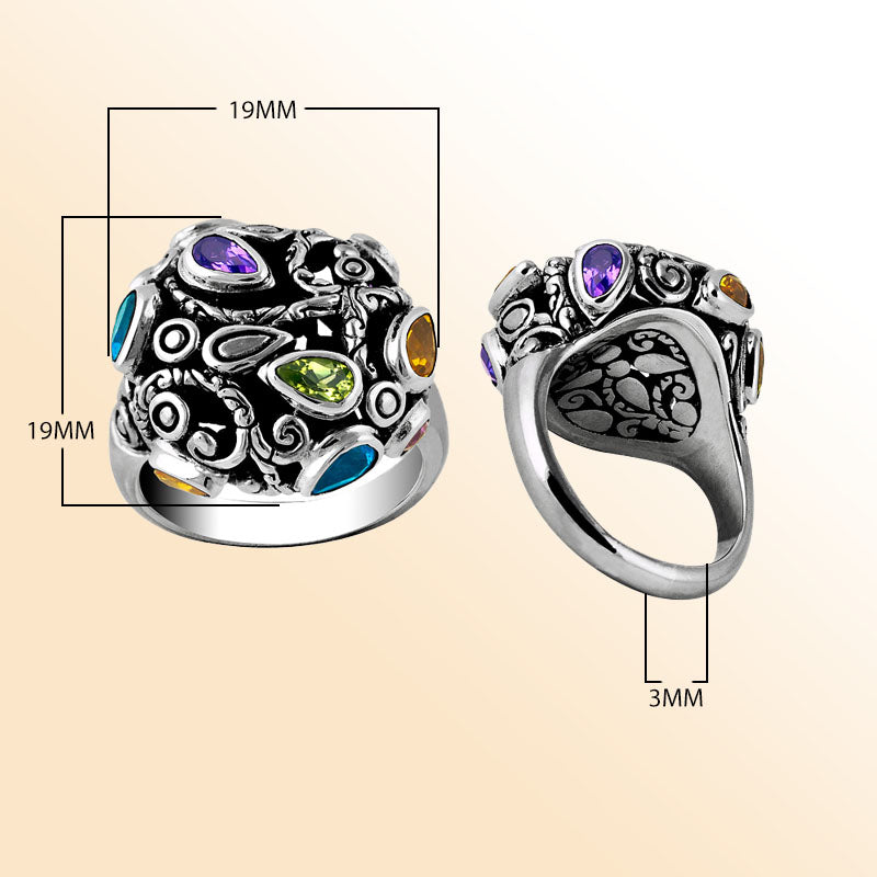 Sterling Silver beautiful ring with Peridot, Citrine, Blue Topaz, and Amethyst handcrafted in Bali, Indonesia with artistic dome design