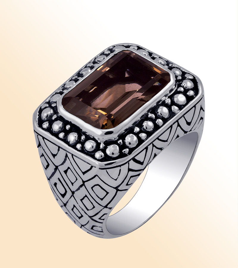 Sterling Silver beautiful ring with Smokey Quartz handcrafted in Bali, Indonesia with engraved silver detailing