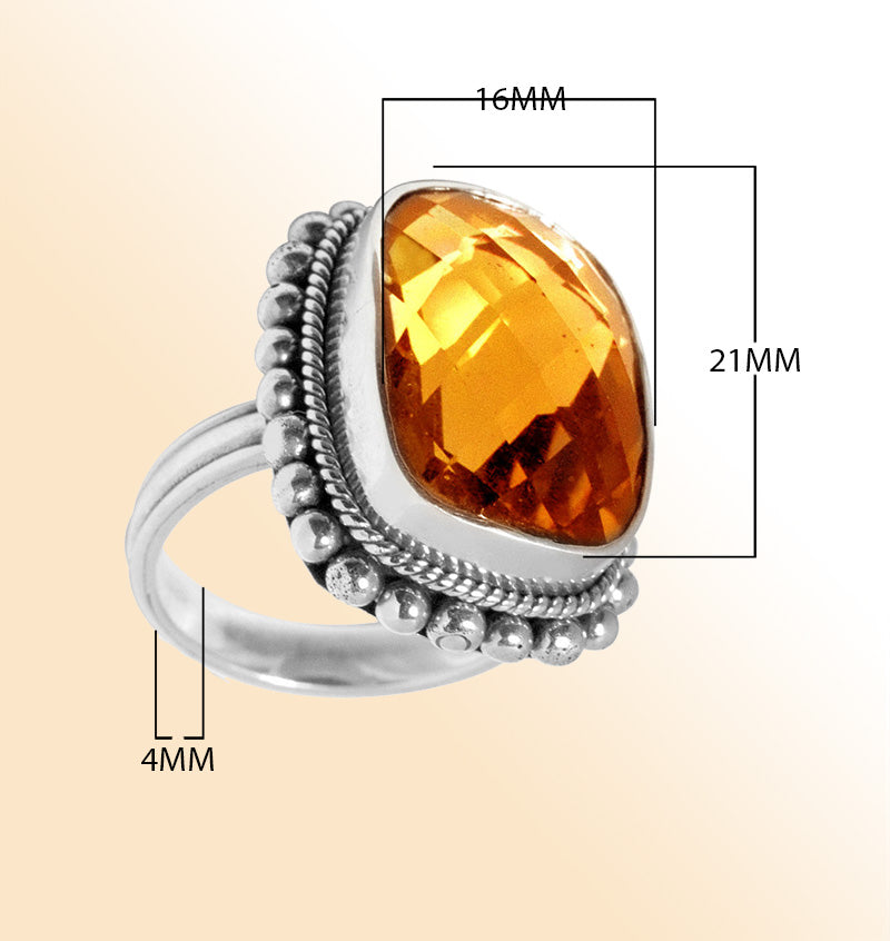 Sterling silver statement ring with cushion-cut golden citrine Quartz and Balinese beaded detailing, handcrafted for women’s jewelry collections.Inc 