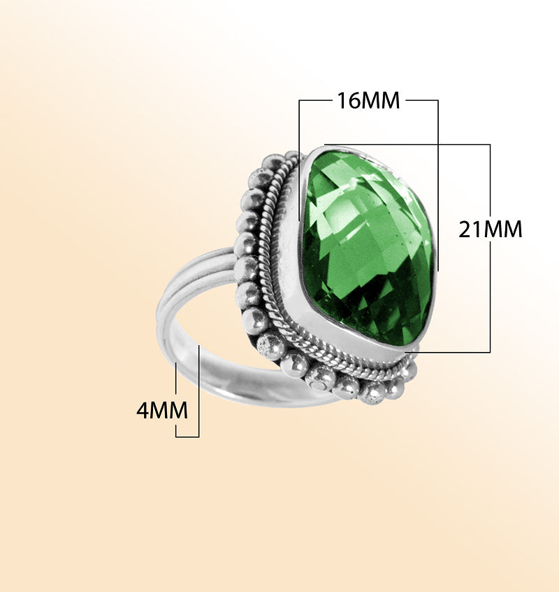 Sterling silver ring with emerald Green faceted Quartz and Balinese beaded details – handcrafted statement jewelry for women.