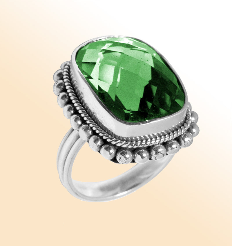 Sterling silver ring with emerald Green faceted Quartz and Balinese beaded details – handcrafted statement jewelry for women.