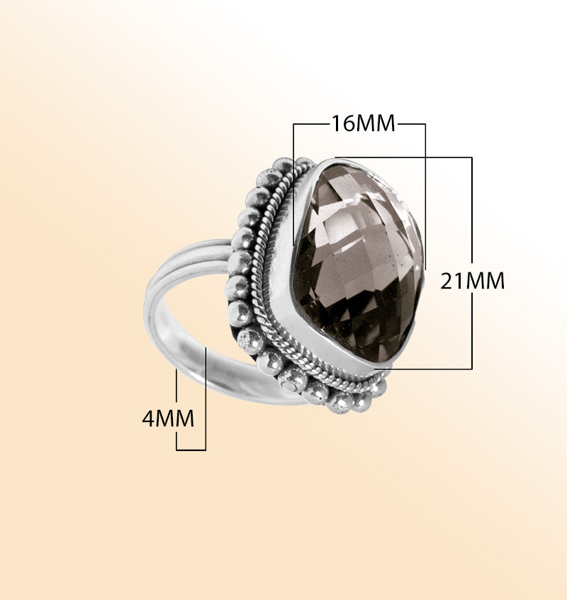 Sterling silver ring with faceted Smoky Quartz and Balinese bead details – handcrafted artisan statement jewelry.