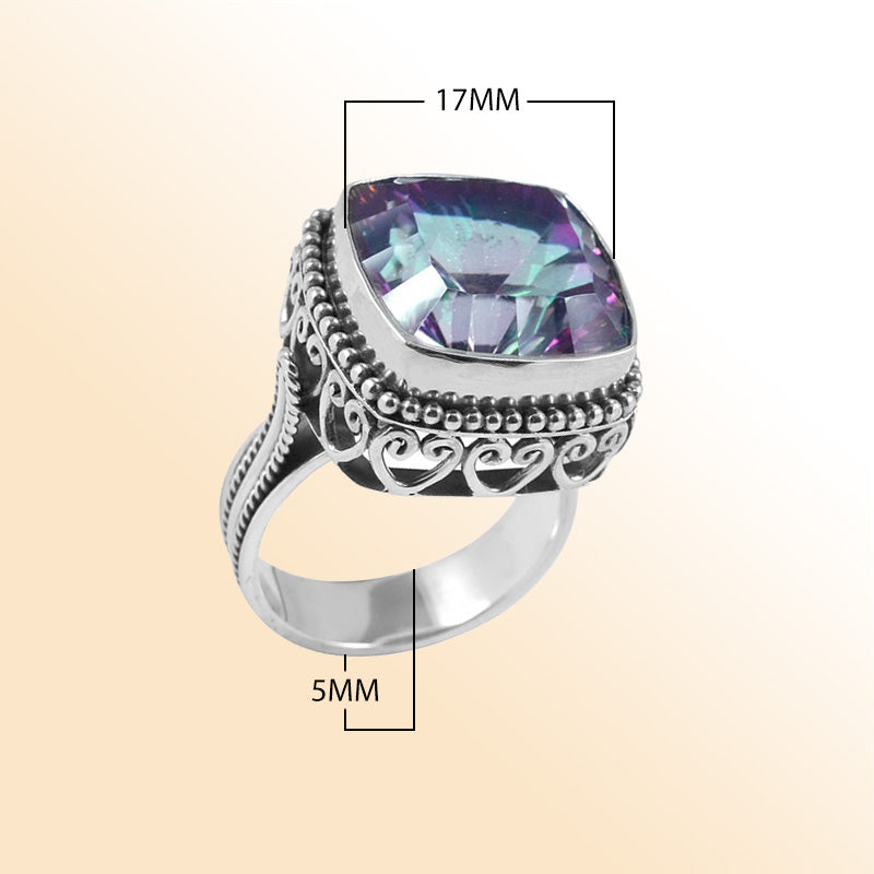 Sterling silver ring with faceted square Mystic Topaz Quartz, Balinese bead and scroll details – handcrafted artisan cocktail jewelry