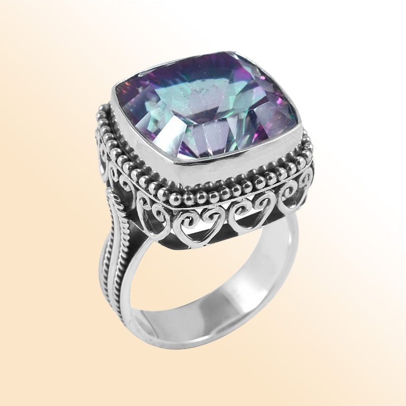 Sterling silver ring with faceted square Mystic Topaz Quartz, Balinese bead and scroll details – handcrafted artisan cocktail jewelry