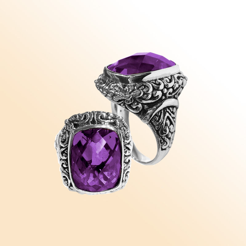 Sterling silver Mystic Topaz Quartz ring with cushion-cut rainbow Quartz and ornate Balinese carvings – Woman artisan jewelry
