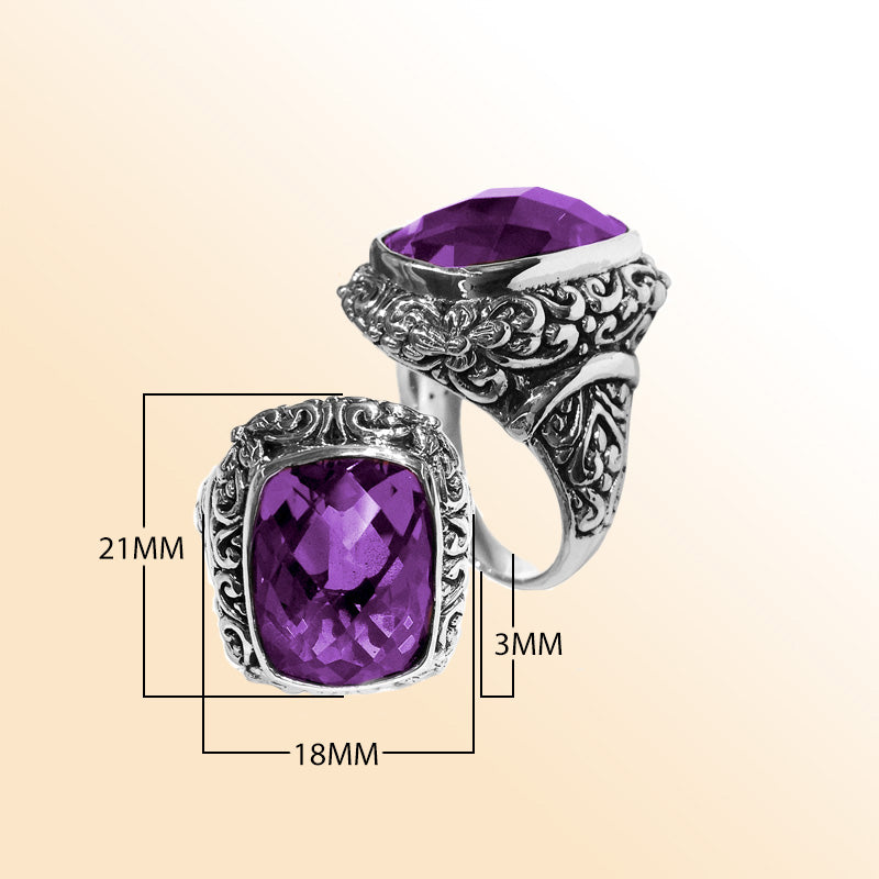Sterling silver Mystic Topaz Quartz ring with cushion-cut rainbow Quartz and ornate Balinese carvings – Woman artisan jewelry