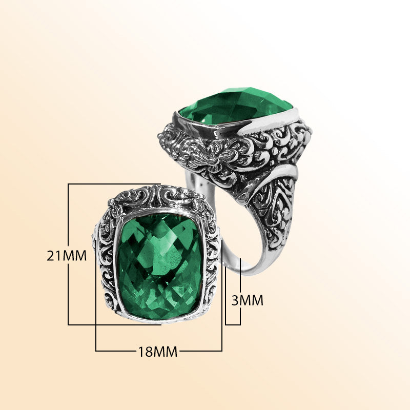 Woman sterling silver ring with cushion-cut Green Quartz and Balinese carvings – handcrafted jewelry