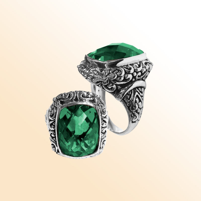 Woman sterling silver ring with cushion-cut Green Quartz and Balinese carvings – handcrafted jewelry