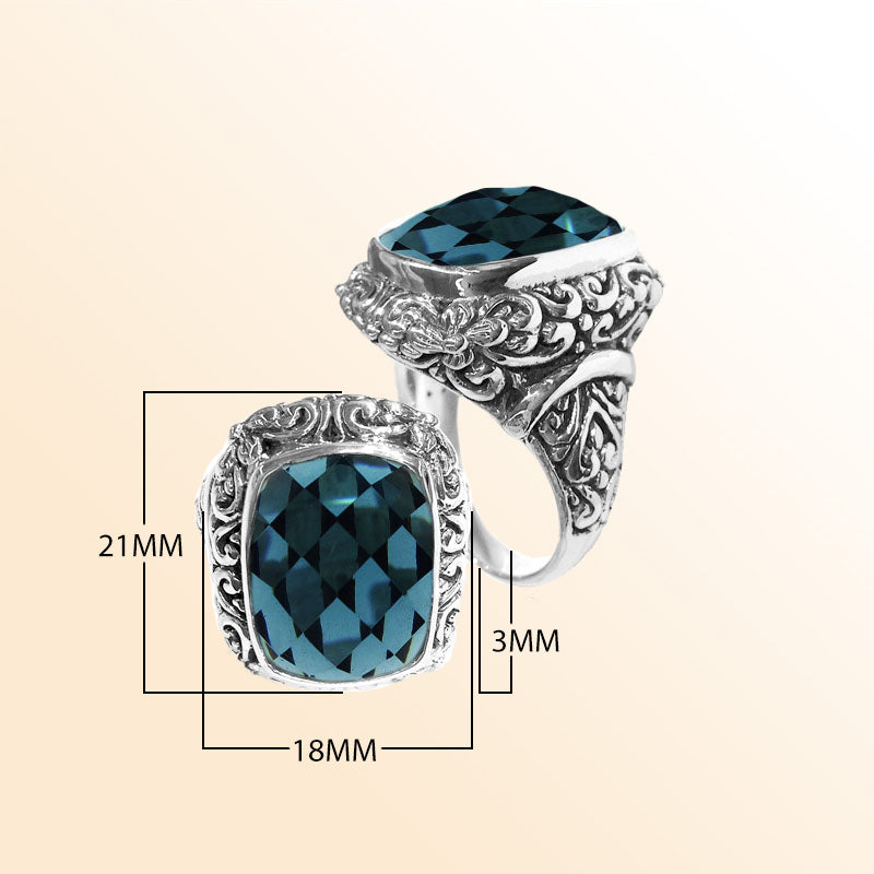 Sterling silver London Blue Topaz Quartz ring with cushion-cut Quartz and ornate Balinese carvings – handcrafted Woman jewelry