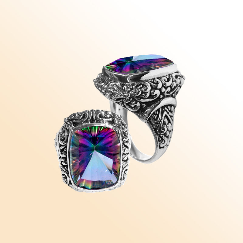 Woman sterling silver Mystic Topaz ring with cushion-cut Quartz and Balinese carvings – handcrafted jewelry