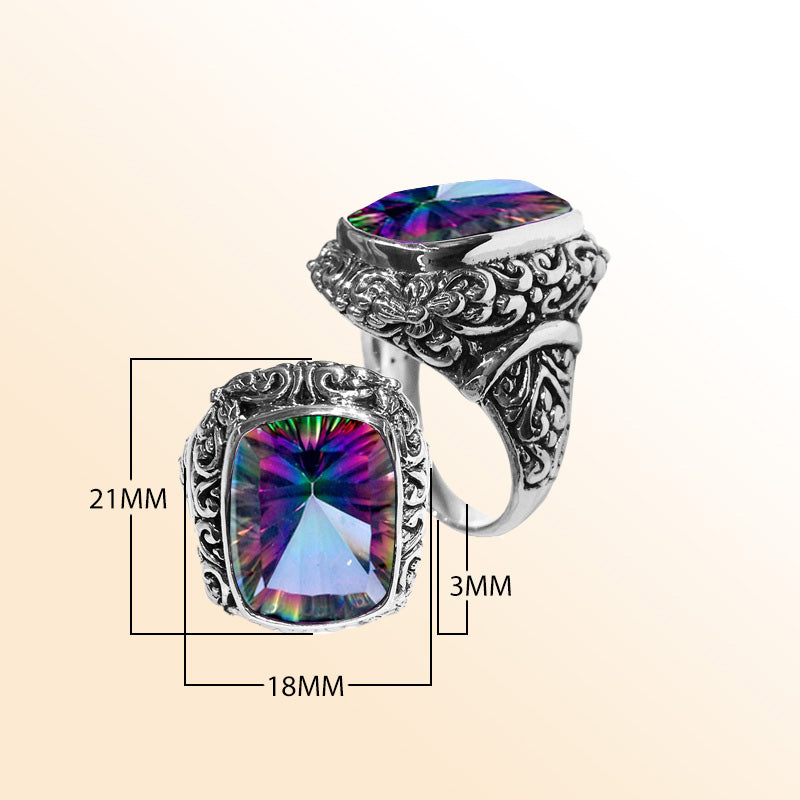Woman sterling silver Mystic Topaz ring with cushion-cut Quartz and Balinese carvings – handcrafted jewelry