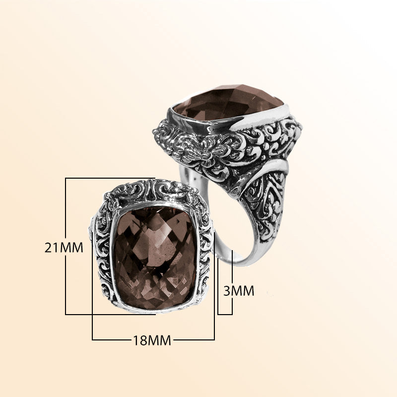  Sterling silver Smoky Quartz ring with cushion-cut Quartz and Balinese design – handcrafted jewelry