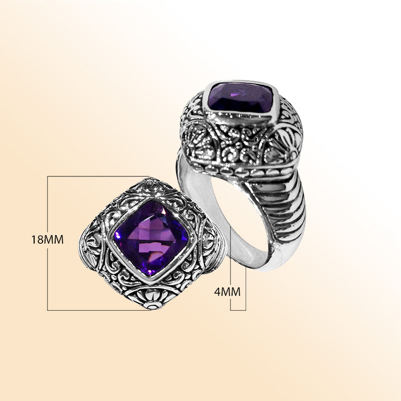 Handcrafted Bali silver ring with purple Amethyst Quartz and intricate carvings for Woman.