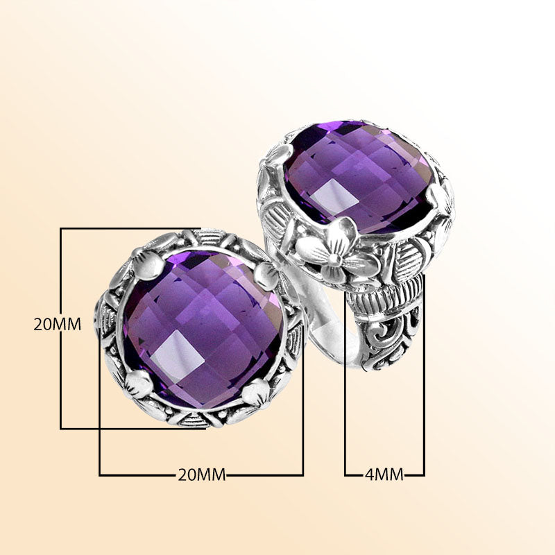 Handcrafted Bali silver ring with round Purple Amethyst Quartz  and floral carvings.