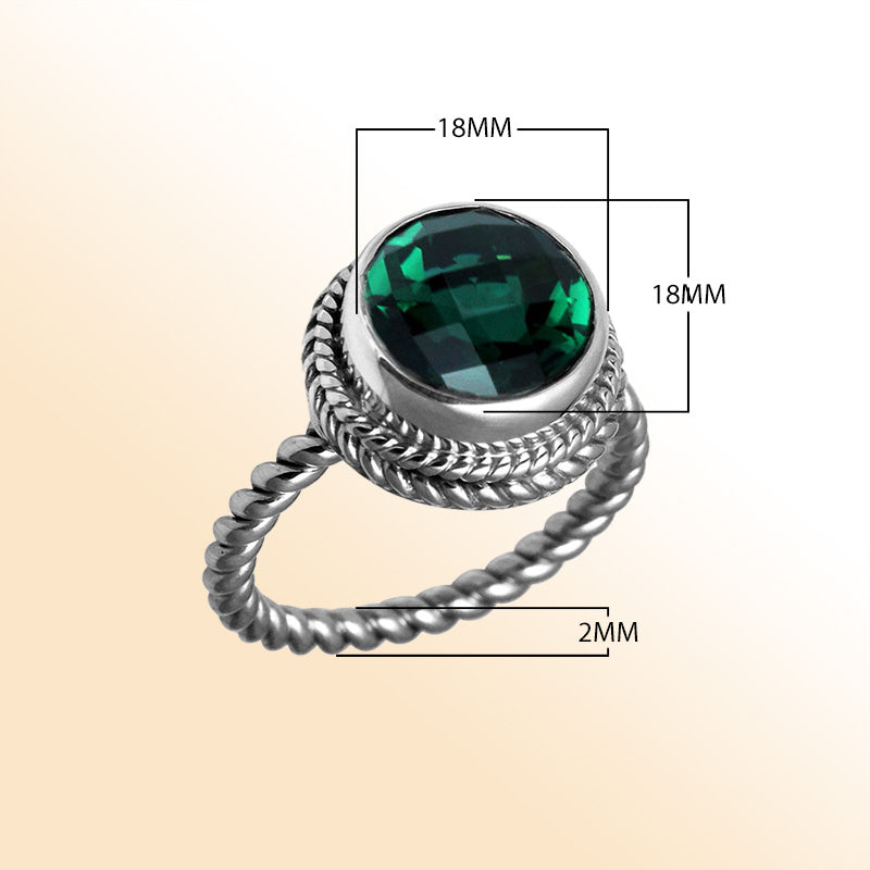 Handcrafted Bali silver ring with round Green Quartz and rope-style band.