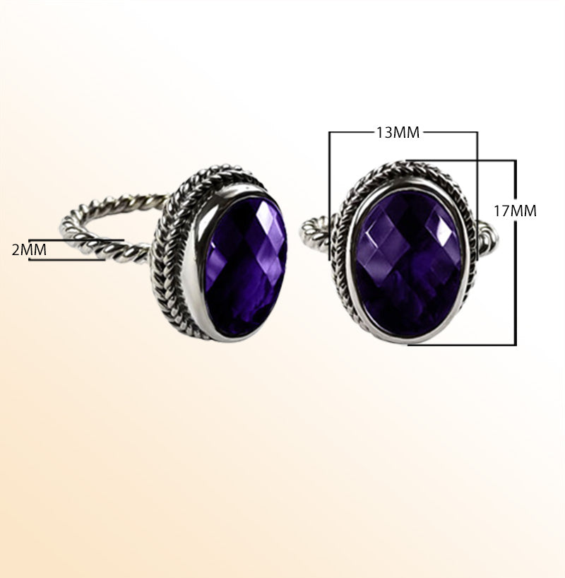 Sterling silver Amethyst Quartz ring with rope-edge bezel and twisted band for retail