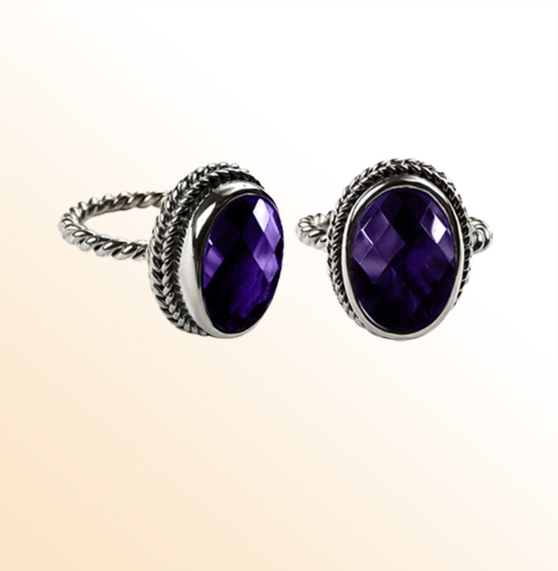 Sterling silver Amethyst Quartz ring with rope-edge bezel and twisted band for retail