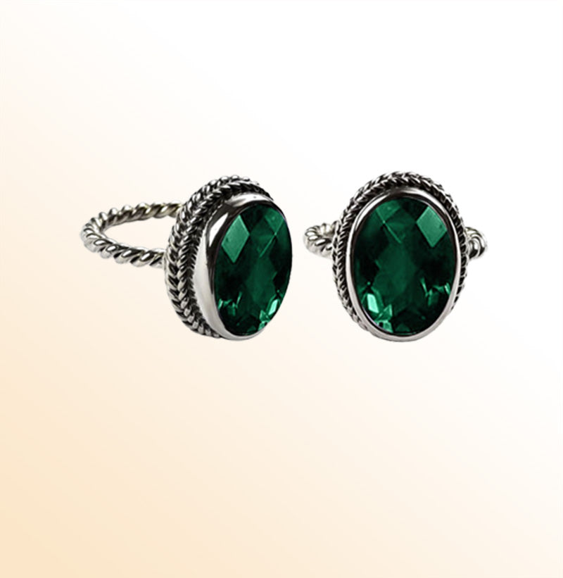 Handcrafted sterling silver Green Quartz ring with faceted oval Quartz and rope bezel, artisan jewelry from Indonesia.