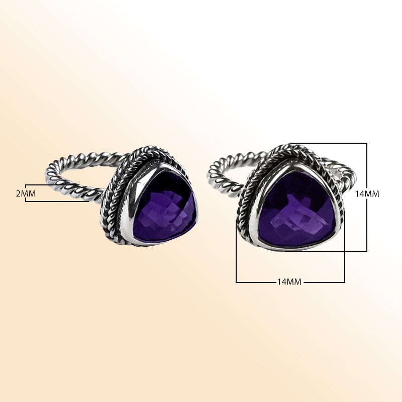Handcrafted sterling silver Amethyst Quartz ring with faceted trillion purple Quartz and rope bezel, artisan jewelry from Indonesia.